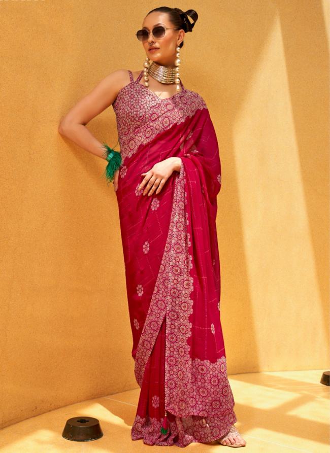 Georgette Hot Pink Festival Wear Printed Saree